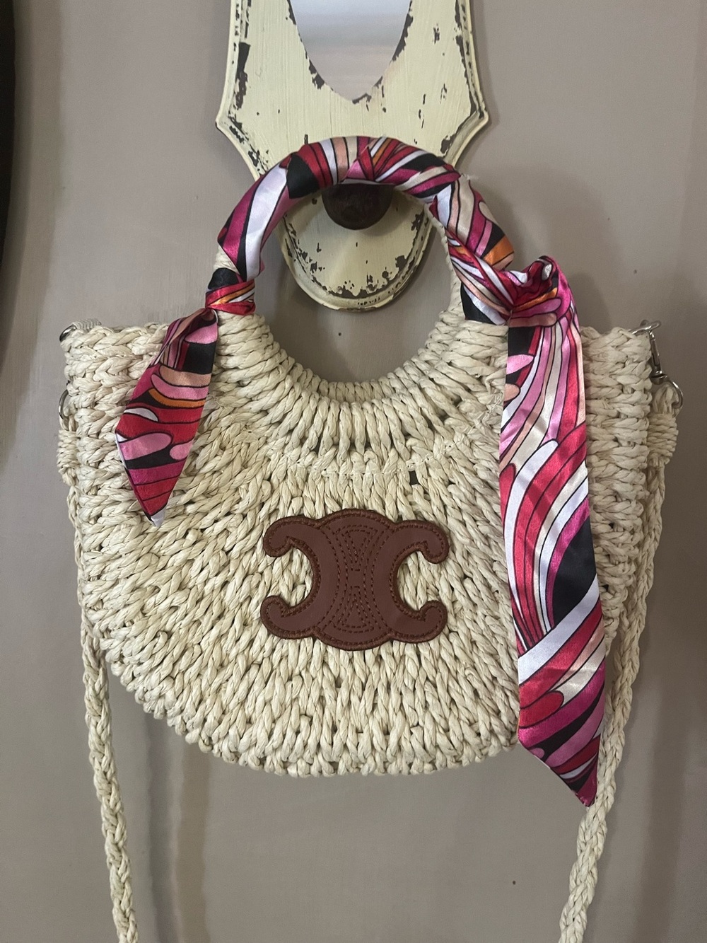 Celine style Woven Straw Circle Tote with Pink Patterned Scarf Handle